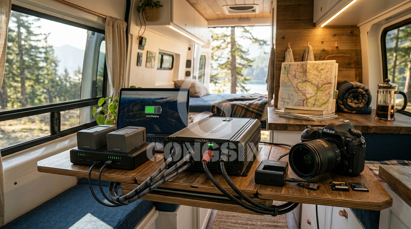 Pure sine wave inverter safely charging sensitive electronics on a road trip Pure sine wave inverter safely charging sensitive electronics on a road trip