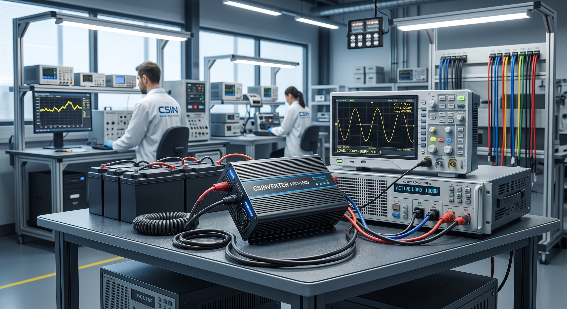 Pure sine wave inverter undergoing full-load burn-in quality testing
