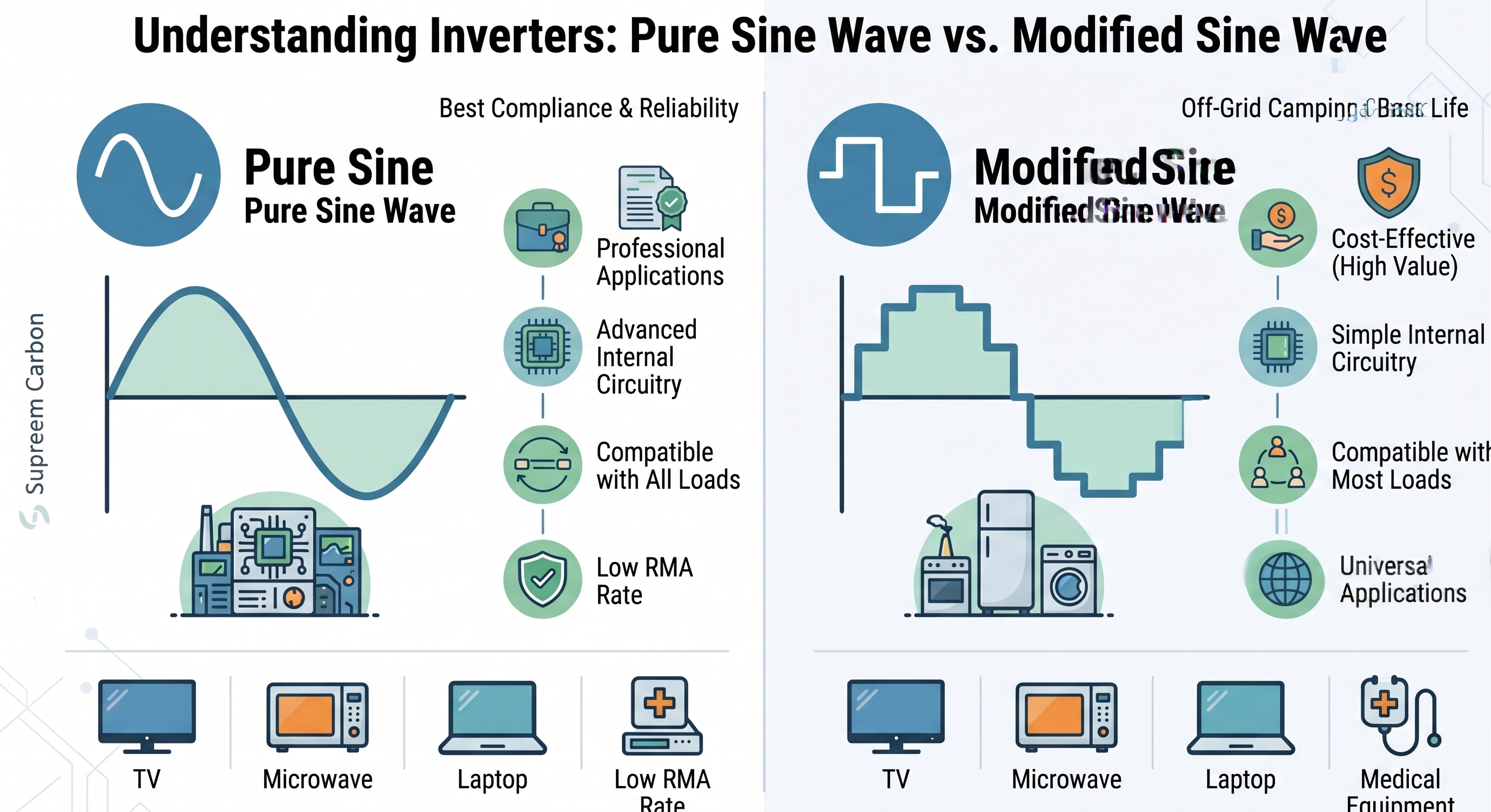 Pure sine wave vs modified sine wave electrical waveform comparison