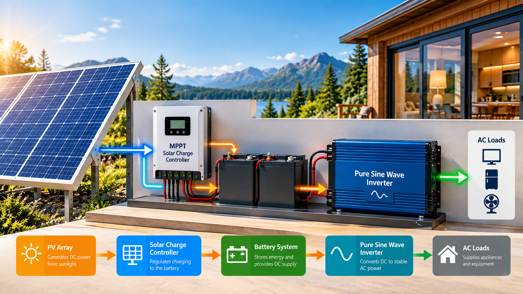 Conceptual modular off-grid solar energy path: PV array, separate solar charge controller, battery-side DC system, standalone pure sine wave inverter and AC loads