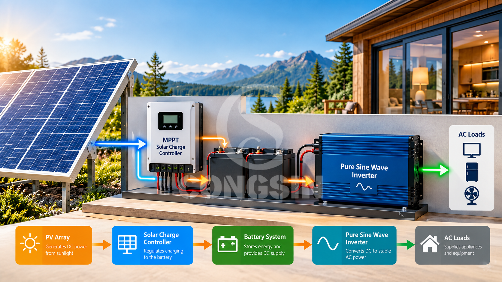 PV-to-AC Energy Flow in a Modular Off-Grid Solar System Conceptual modular off-grid solar energy path: PV array, separate solar charge controller, battery-side DC system, standalone pure sine wave inverter and AC loads
