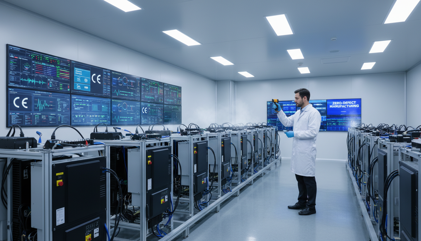 QA engineer performing rigorous full-load burn-in tests on solar inverters