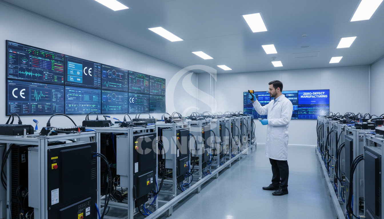 QA engineer performing rigorous full-load burn-in tests on solar inverters QA engineer performing rigorous full-load burn-in tests on solar inverters