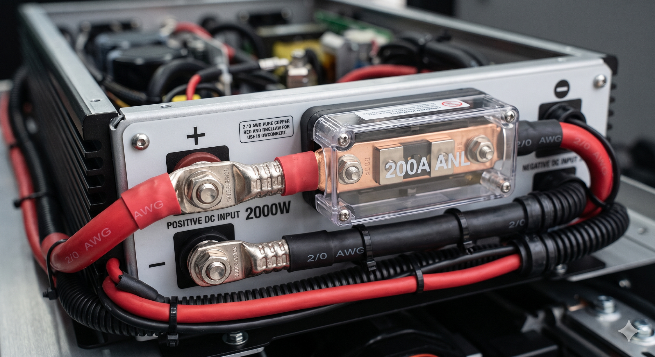 Safe automotive inverter wiring with AWG copper cables and ANL fuse