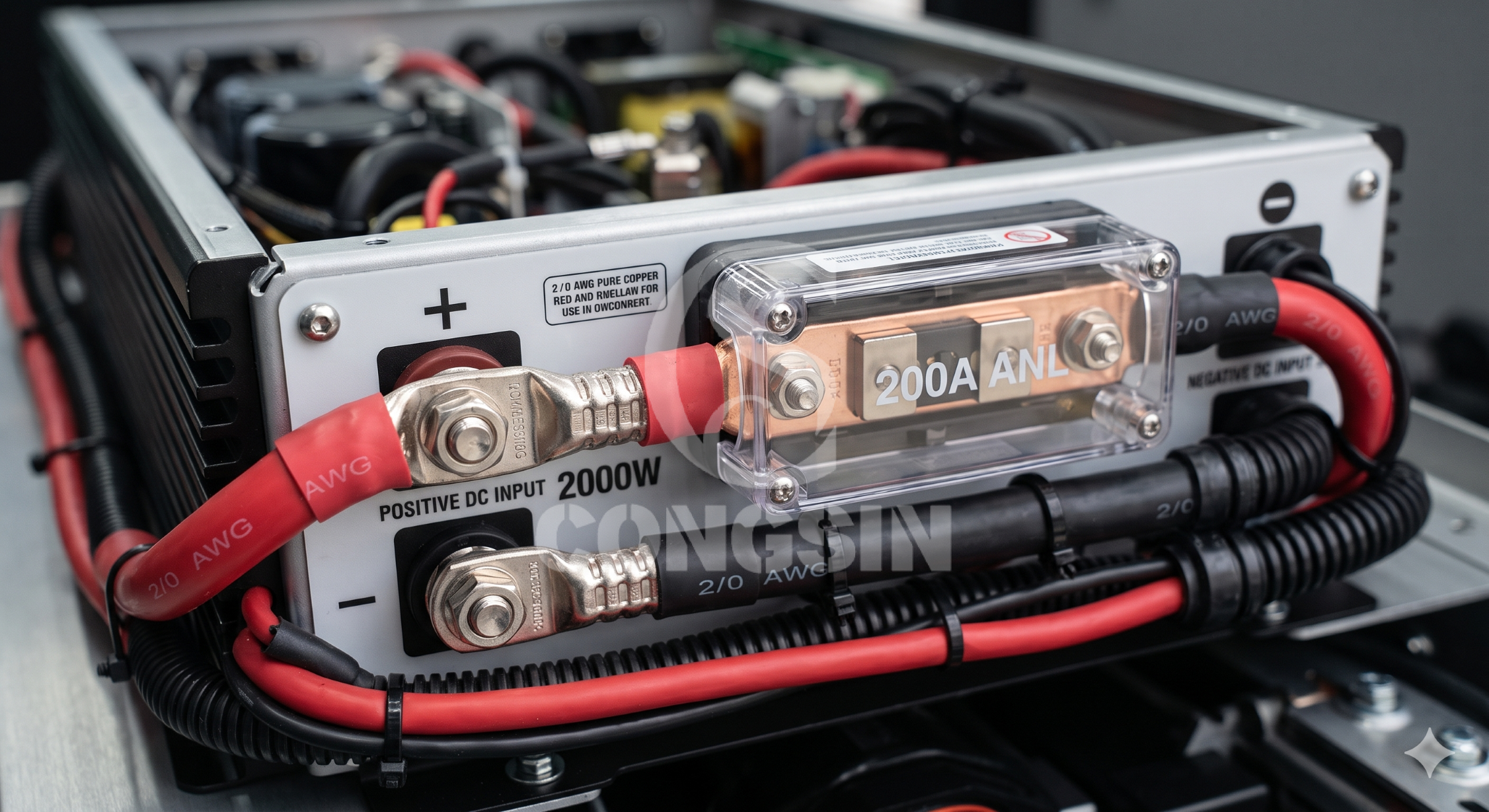 Safe automotive inverter wiring with AWG copper cables and ANL fuse Safe automotive inverter wiring with AWG copper cables and ANL fuse