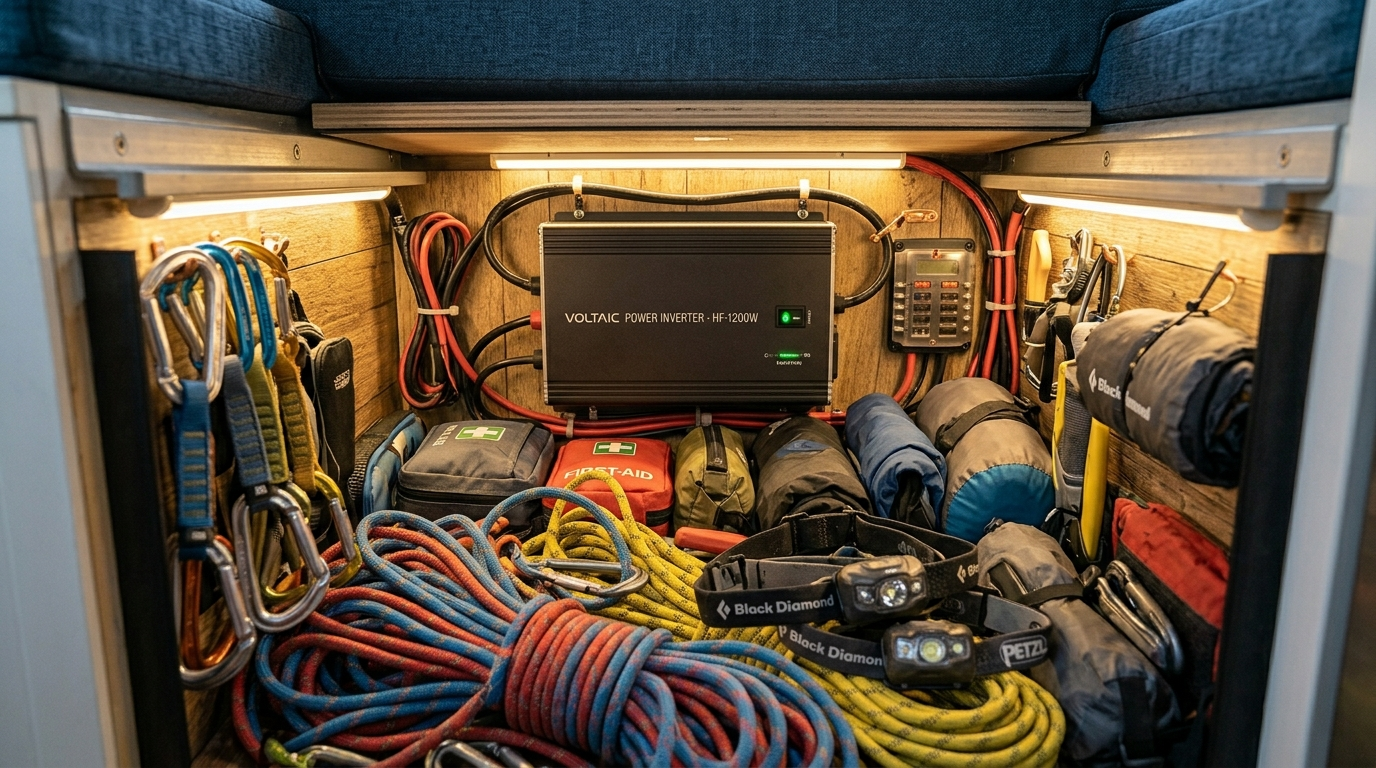 Space-saving campervan inverter installed under a seat to maximize payload