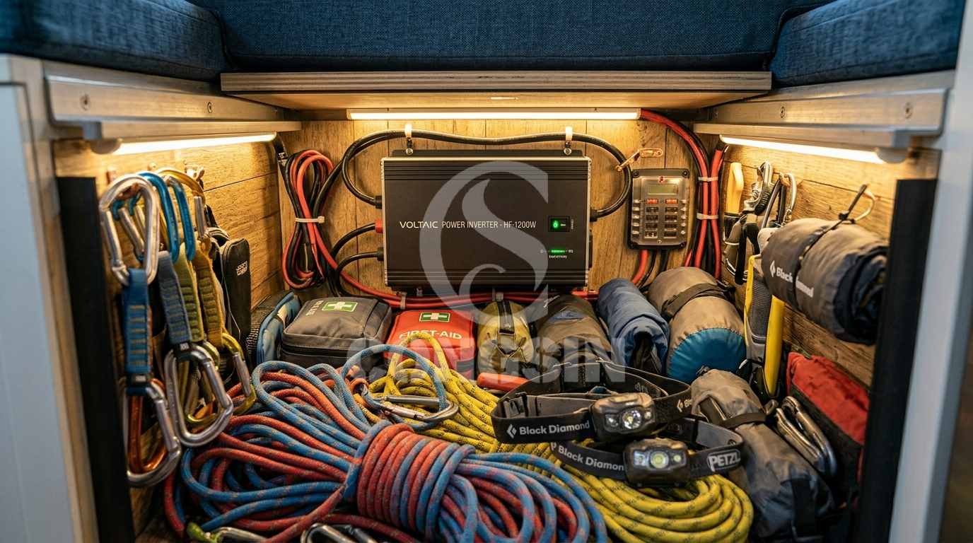 Space-saving campervan inverter installed under a seat to maximize payload Space-saving campervan inverter installed under a seat to maximize payload