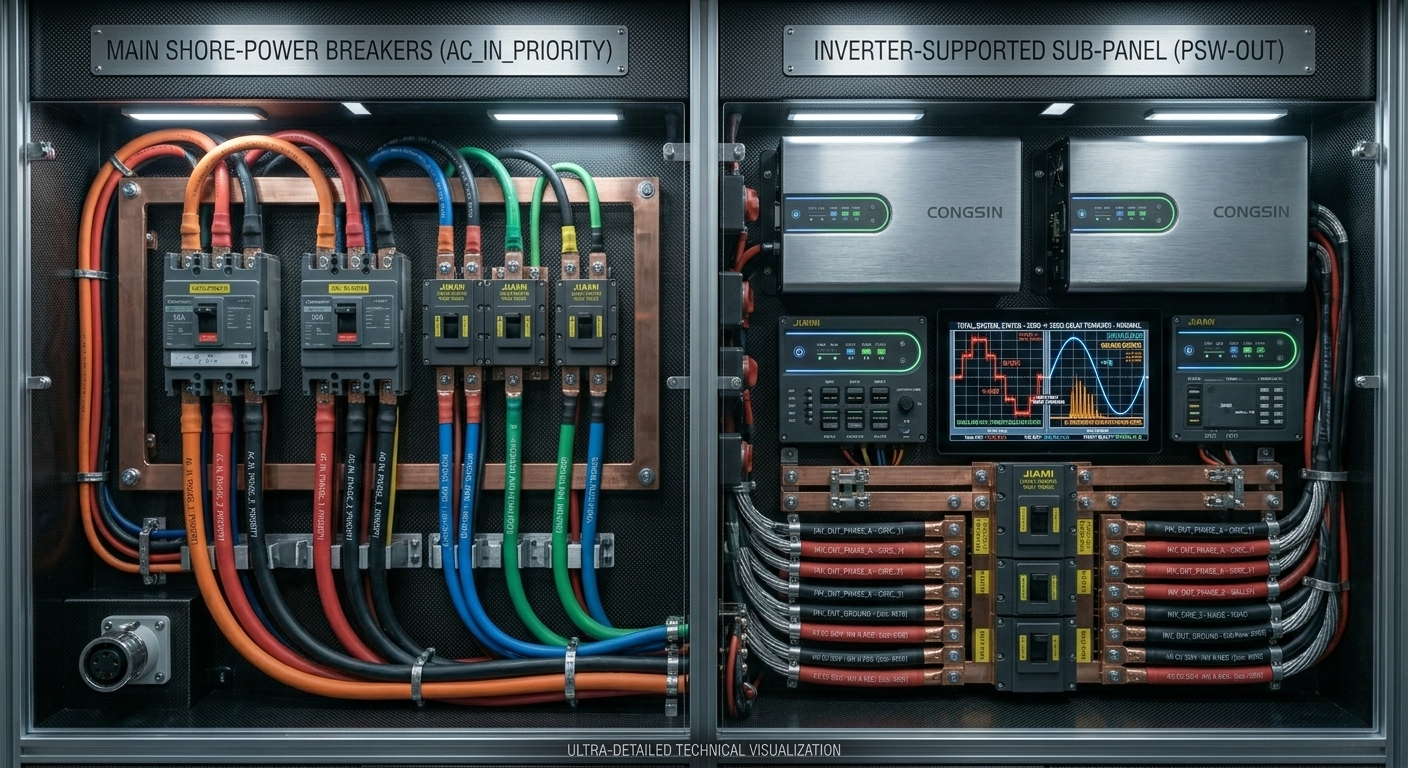 Split-panel RV wiring architecture for inverter transfer switch integration