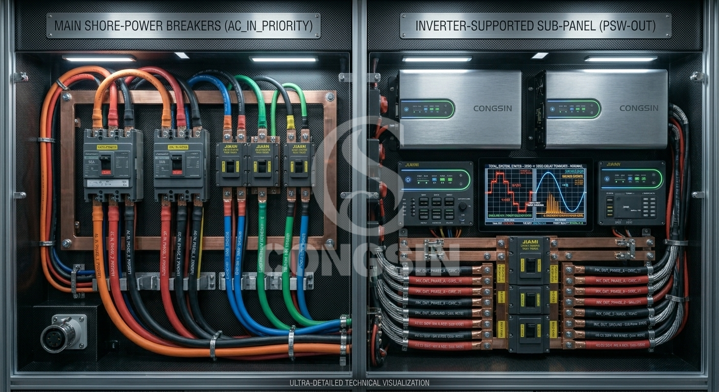 Split-panel RV wiring architecture for inverter transfer switch integration Split-panel RV wiring architecture for inverter transfer switch integration