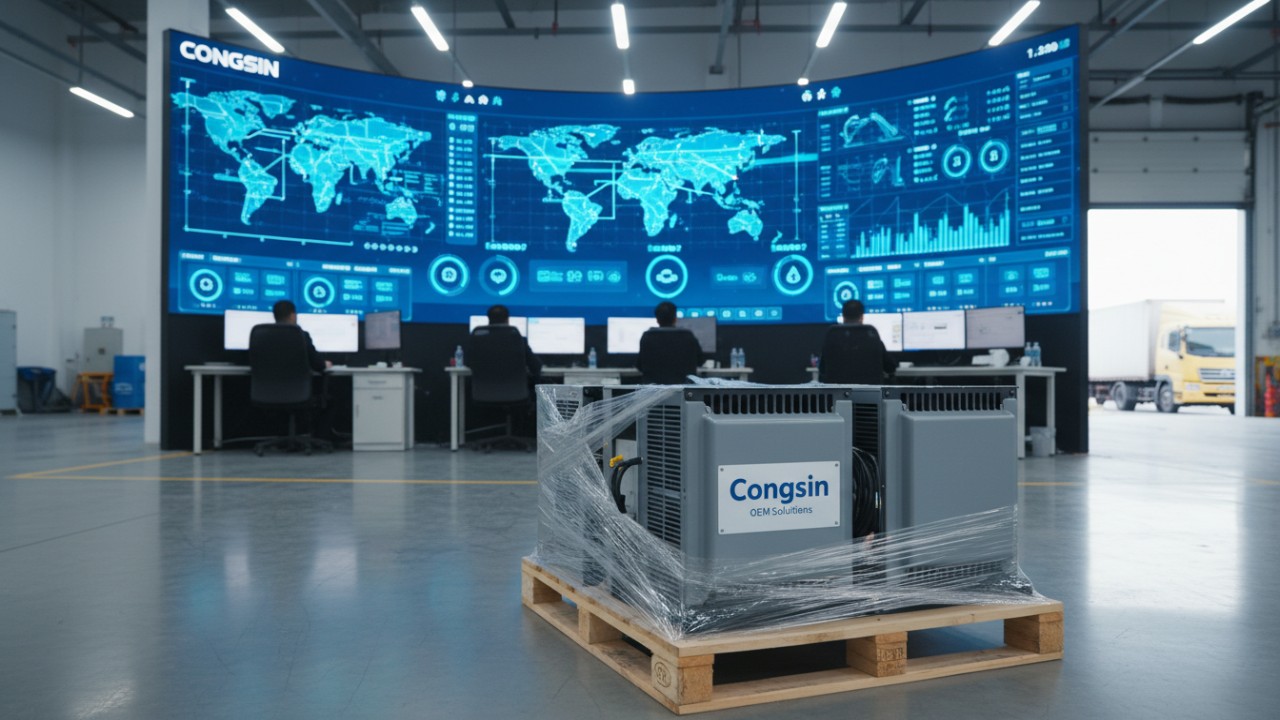 Stack of Congsin OEM solar inverters ready for distribution in a global supply chain warehouse.