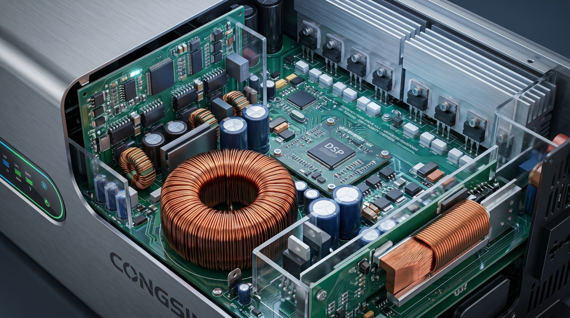 Technical cross-section of a full-power pure sine wave inverter showing internal solid-state circuitry