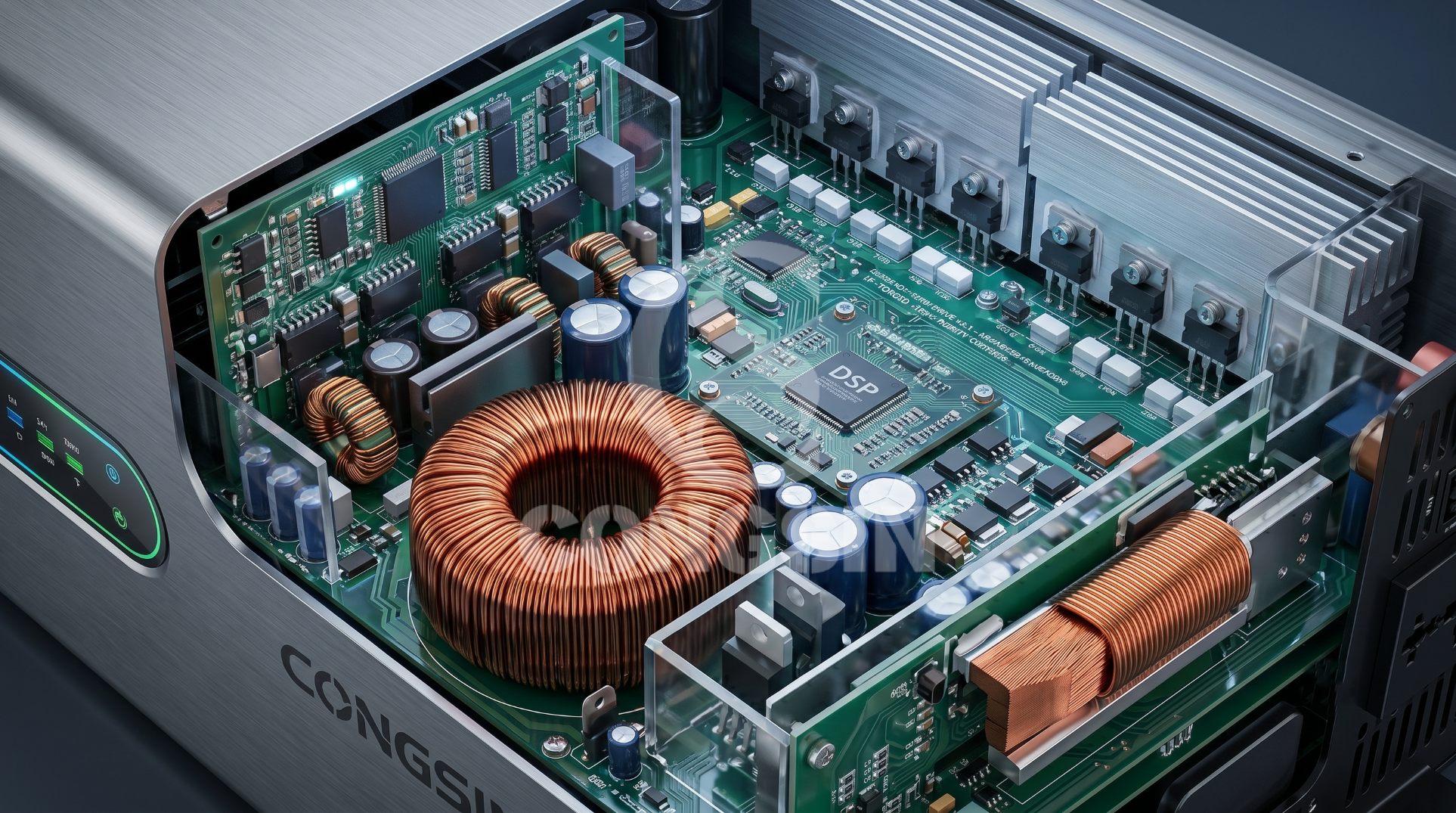 Technical cross-section of a full-power pure sine wave inverter showing internal solid-state circuitry Technical cross-section of a full-power pure sine wave inverter showing internal solid-state circuitry