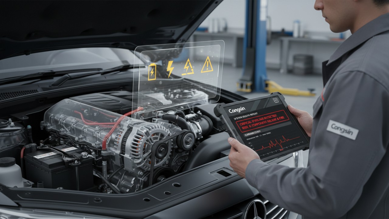 Technical diagram showing a car alternator with a Congsin diagnostic tool highlighting electrical load.