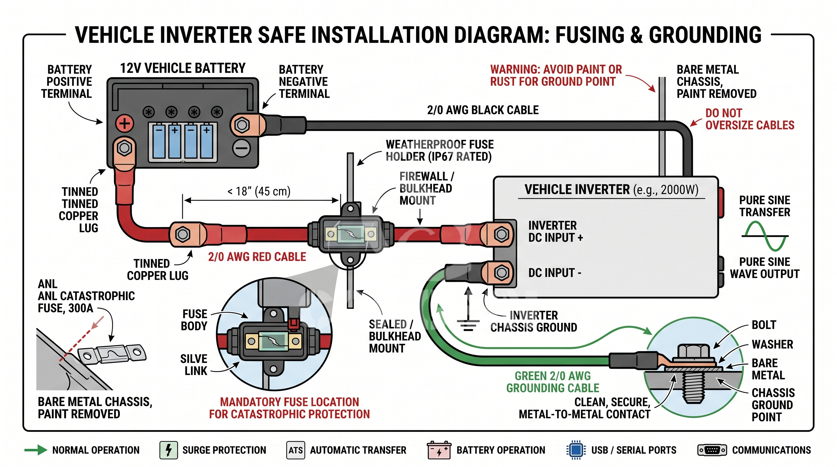 Technical wiring diagram detailing safe automotive inverter grounding and positive terminal ANL fuse placement Technical wiring diagram detailing safe automotive inverter grounding and positive terminal ANL fuse placement