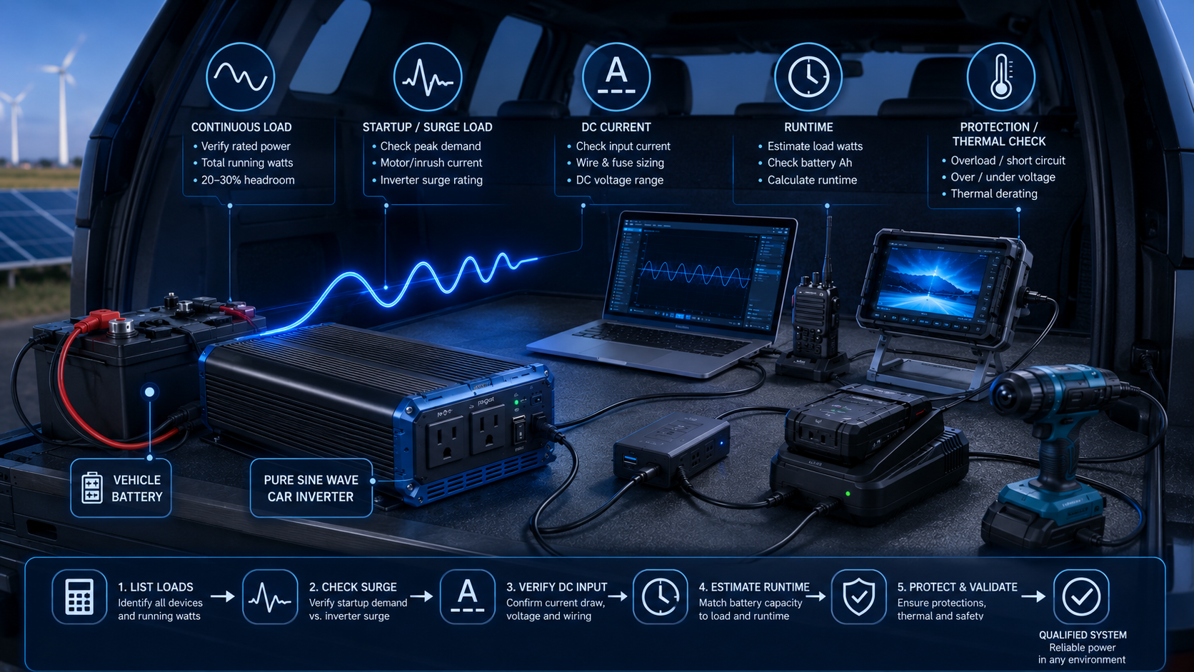 Vehicle load qualification factors for pure sine wave car inverter systems