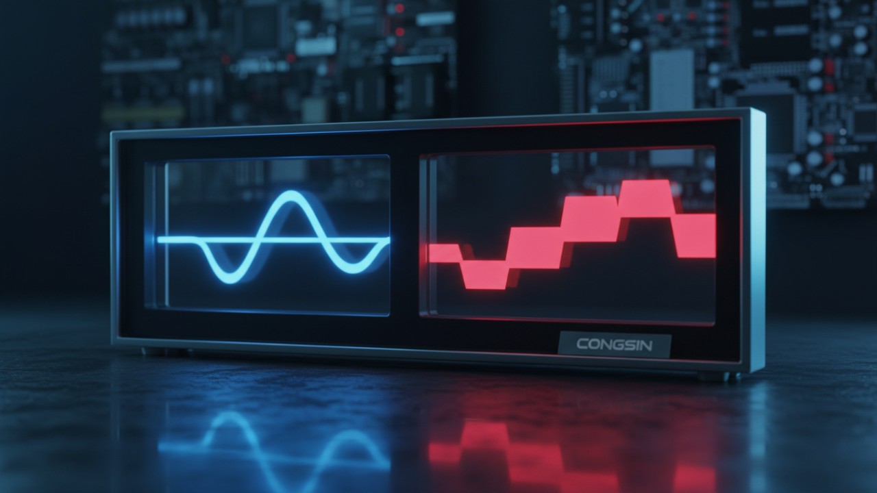 Visual comparison of a smooth blue pure sine wave and a blocky red modified sine wave