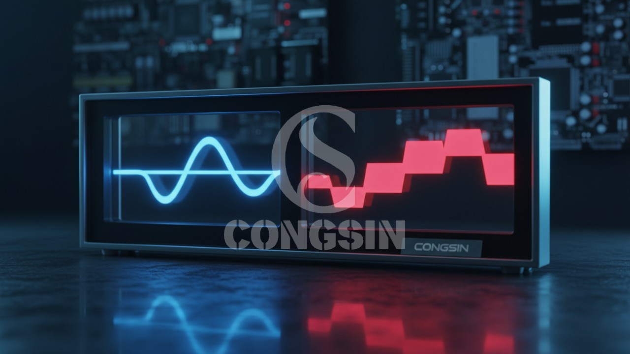 Visual comparison of a smooth blue pure sine wave and a blocky red modified sine wave