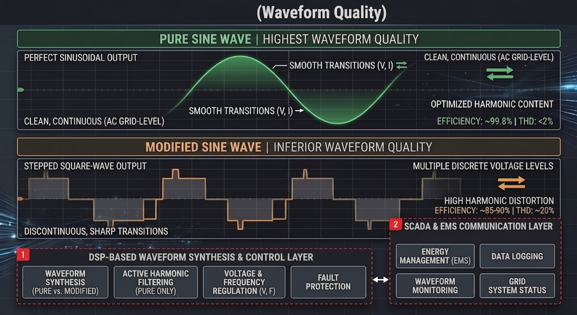 Waveform comparison between pure sine wave and modified sine wave inverters.