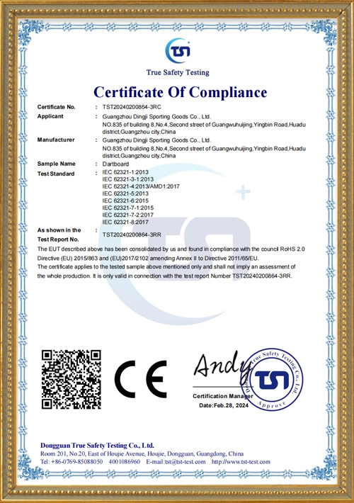 Dart Board CE Certificate