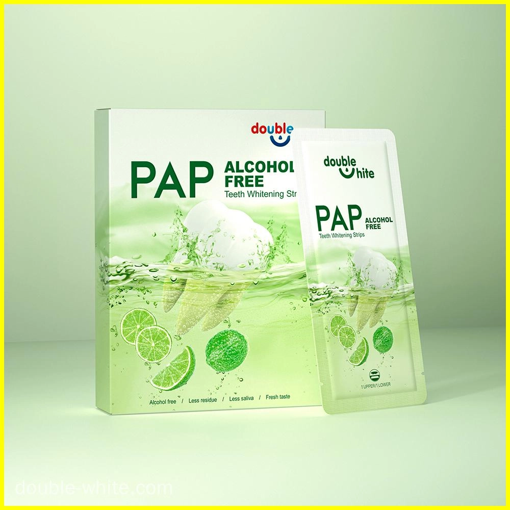 Коробка полосок для отбеливания зубов Double White PAP+ Alcohol Free. Коробка зелено-белая, полоски находятся в запечатанном пакете.