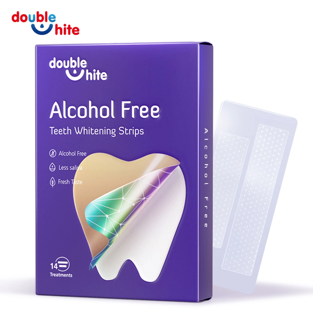 A purple and white box of Double White Alcohol-Free Teeth Whitening Strips.