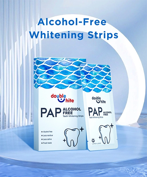 Bandes de blanchiment des dents sans alcool Double White PAP+. Sans alcool, moins de résidus, moins de salive, goût frais.