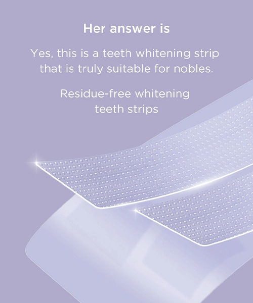 The image shows two strips of transparent teeth whitening strips with a purple background.