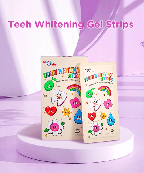 Double White Teeth Whitening Gel Strips. A imagem mostra uma caixa de Double White Teeth Whitening Gel Strips. A caixa é branca e tem uma imagem de uma boca sorridente com dois dentes brancos na frente.