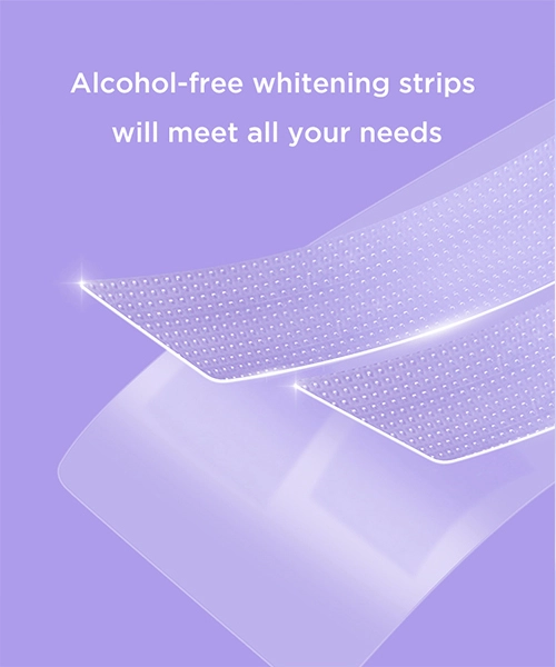 A close-up image of two clear, alcohol-free whitening strips.