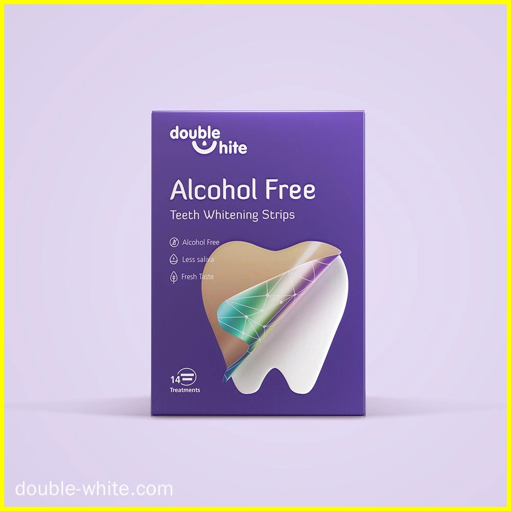 A purple and white box of Double White Alcohol-Free Teeth Whitening Strips.