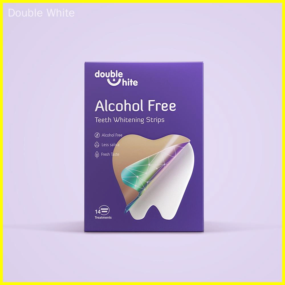 Una caja morada y blanca de tiras blanqueadoras de dientes sin alcohol Double White.