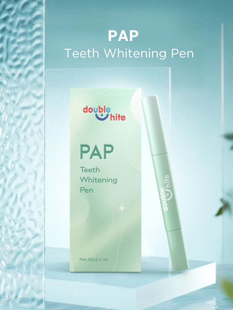 A box and tube of PAP teeth whitening pen on a white and blue background.