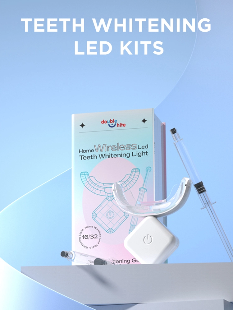 Teeth whitening LED kit with a wireless LED light, teeth whitening gel, and a mouth tray.