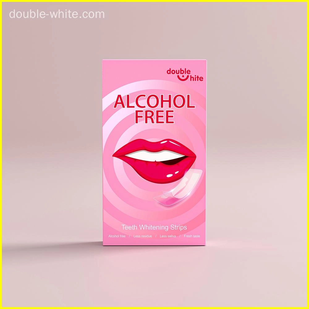 A box of Double White teeth whitening strips. The box is pink and white, with a picture of a smiling mouth on the front. The strips are alcohol-free and have less residue, less saliva, and a fresh taste.