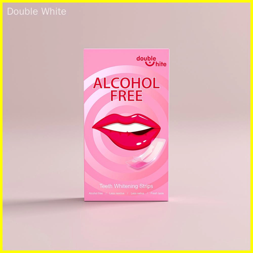 Una caja de tiras blanqueadoras de dientes Double White. La caja es rosa y blanca, con una imagen de una boca sonriente en el frente. Las tiras no contienen alcohol y dejan menos residuos, menos saliva y un sabor fresco.