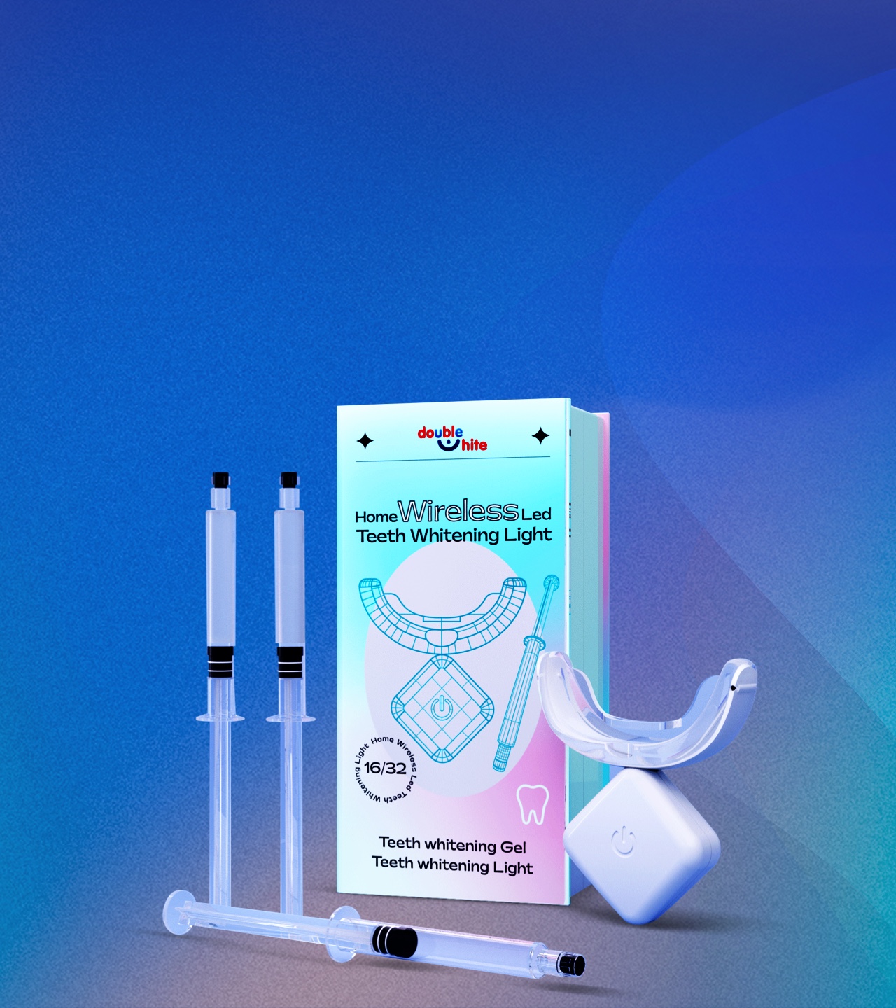 Double White Home Wireless LED Teeth Whitening Kit. Teeth whitening gel and LED light for at-home teeth whitening.