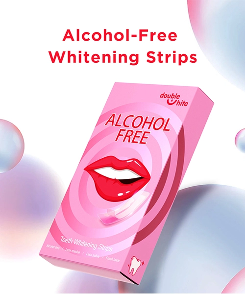 A box of Double White Alcohol-Free Teeth Whitening Strips.