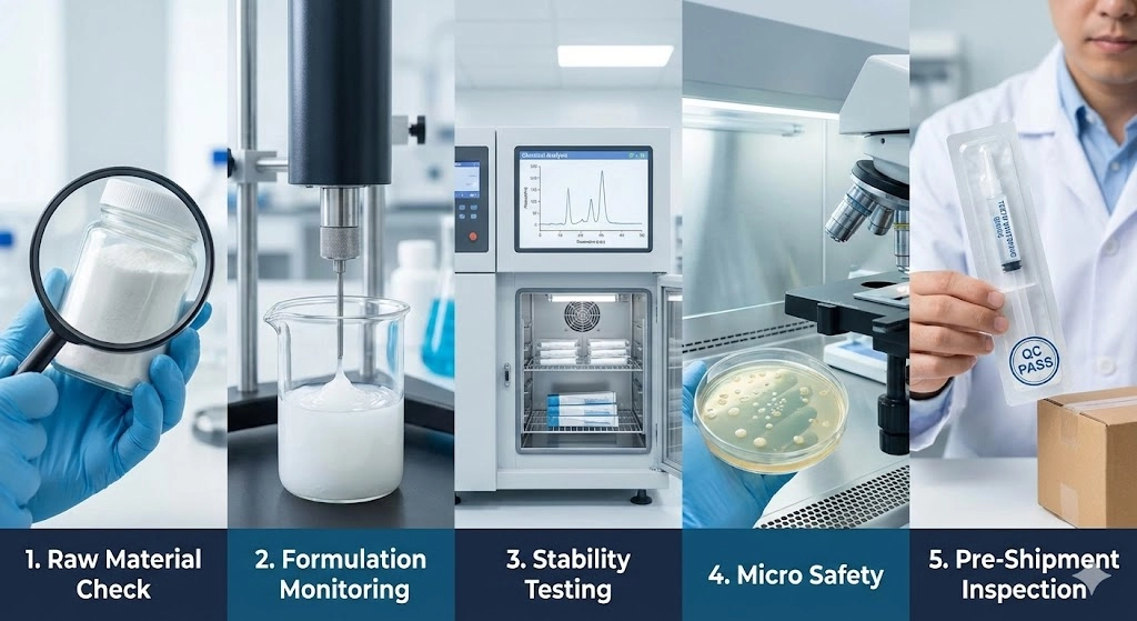 Proceso de desarrollo de productos farmacéuticos: verificación de materia prima, formulación, pruebas de estabilidad, microseguridad e inspección previa al envío. - Double White