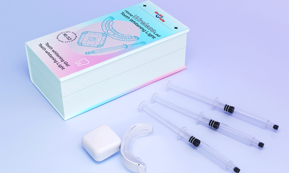 A teeth whitening kit that includes a wireless LED light, teeth whitening gel, and four applicators.