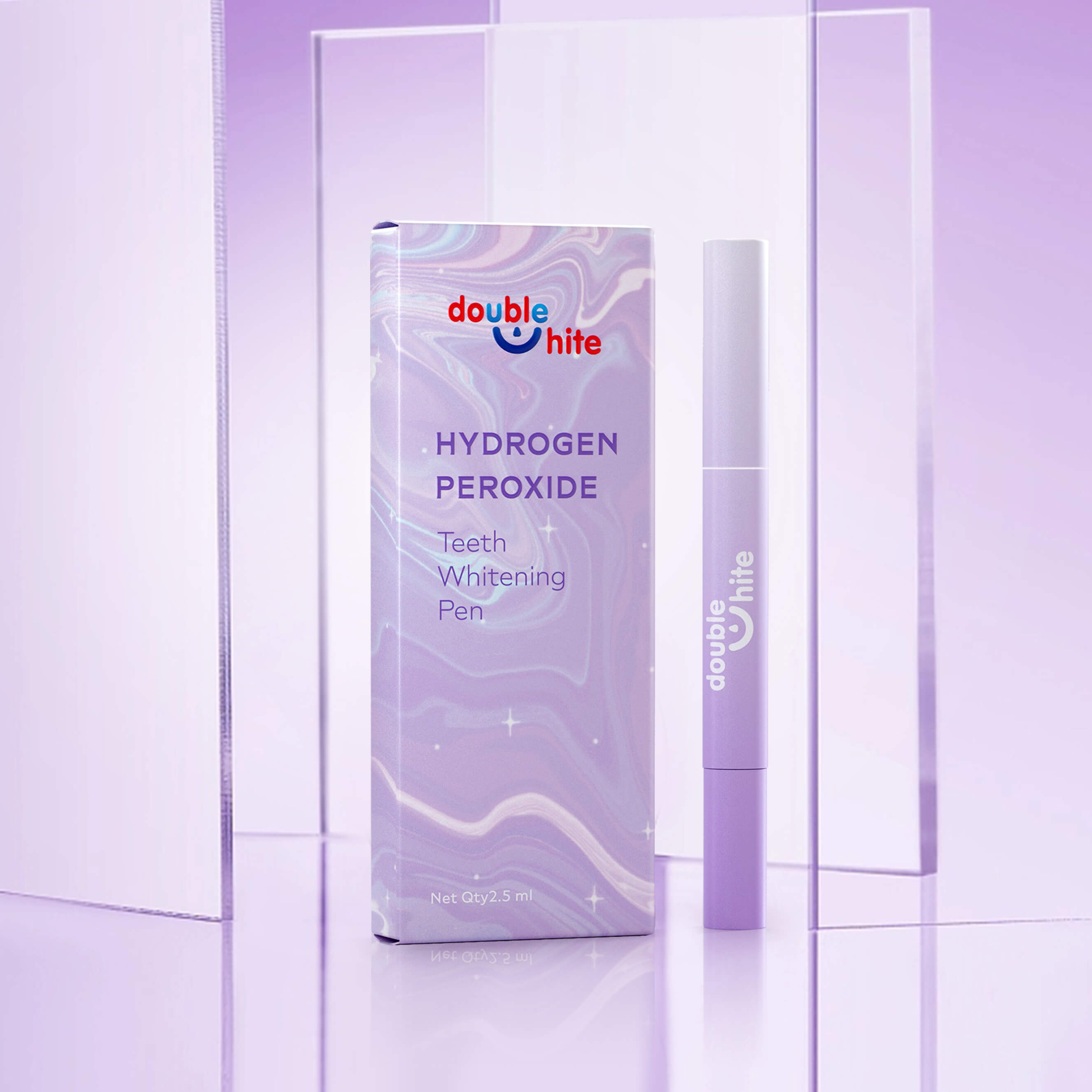 Purple packaging of Double White's teeth whitening pen with hydrogen peroxide.