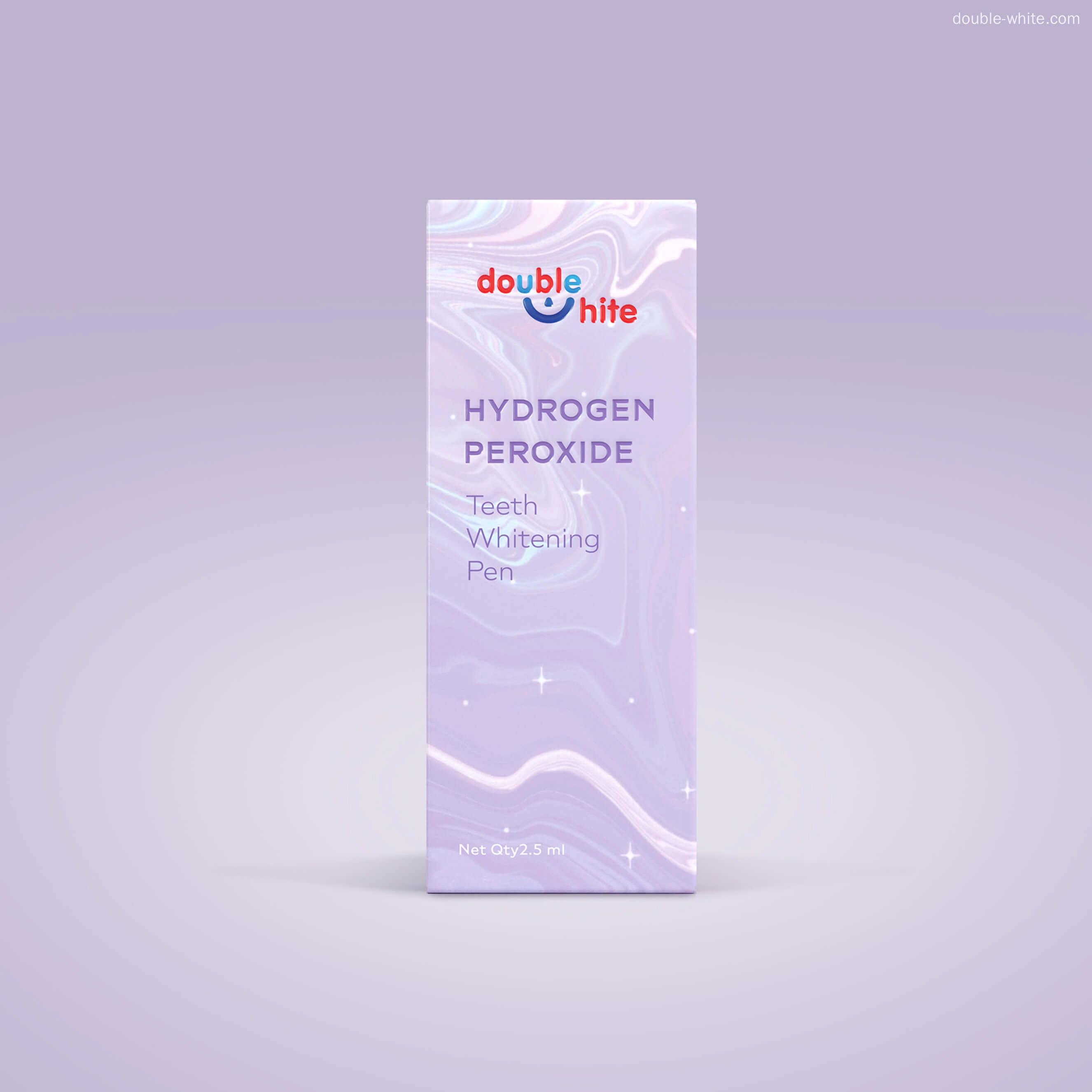 A purple and white box of Double White Hydrogen Peroxide Teeth Whitening Pen.