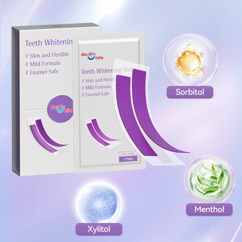 Double White teeth whitening strips with sorbitol, xylitol, and menthol.