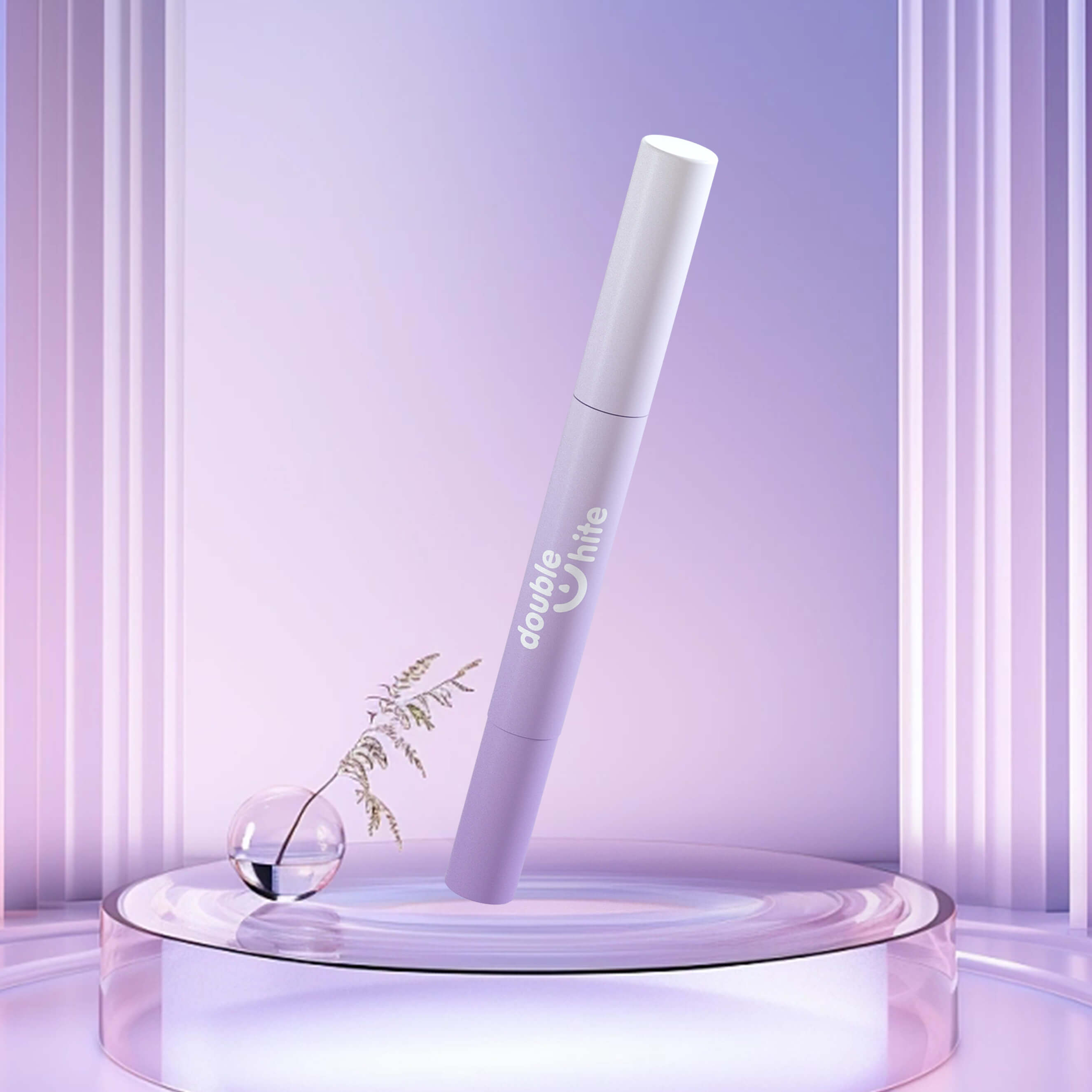 Une image de produit d&#39;un stylo de blanchiment des dents sur un fond violet.