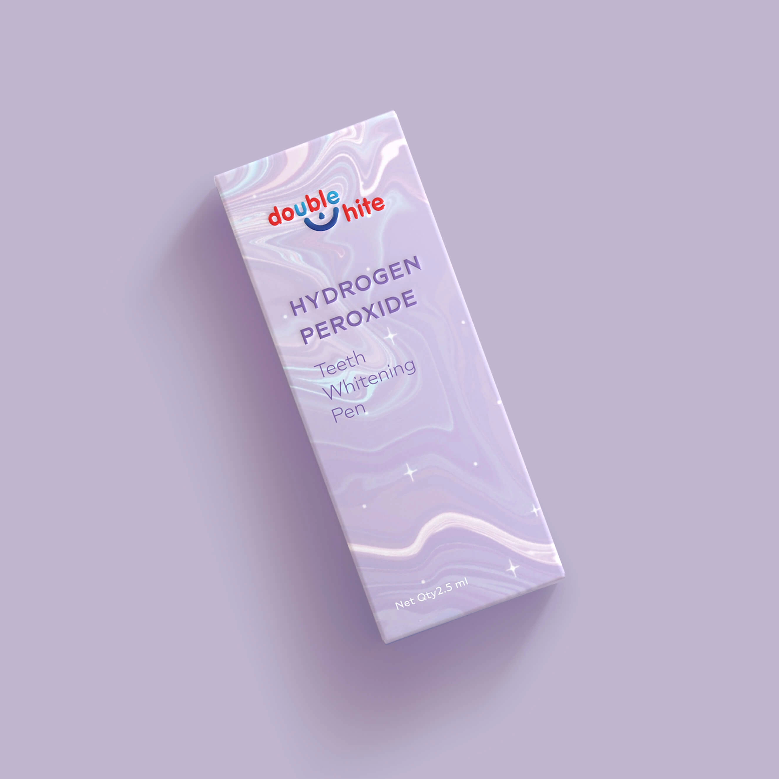 Una caja morada y blanca de lápiz blanqueador de dientes con peróxido de hidrógeno Double White.