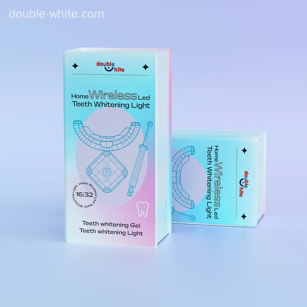 A teeth whitening kit with a wireless LED light for home use. The kit includes a teeth whitening gel and a wireless LED light. - Double White