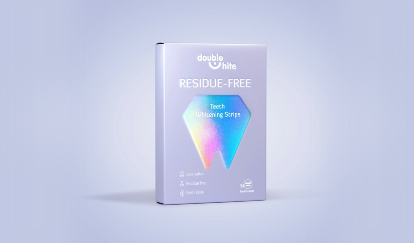 A box of Double White Residue-Free Teeth Whitening Strips.