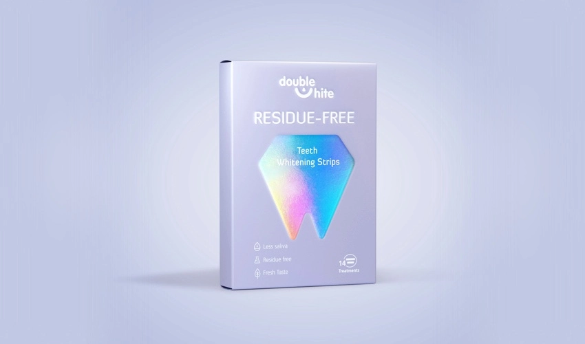 A box of Double White Residue-Free Teeth Whitening Strips.