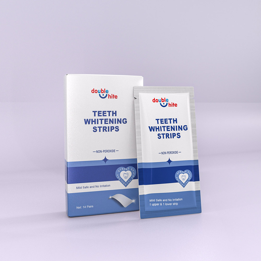 Tiras de Clareamento Dental Double White. Sem peróxido, seguras para o esmalte e sem irritação. 14 pares de tiras (28 tiras individuais).