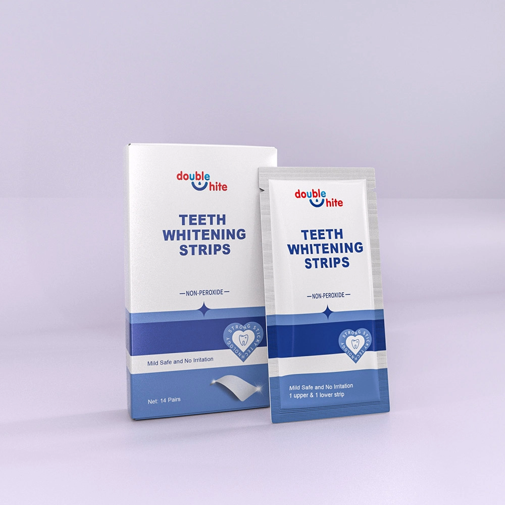 Bandes blanchissantes pour dents Double White. Sans peroxyde, sans danger pour l&#39;émail et sans irritation. 14 paires de bandes (28 bandes individuelles).