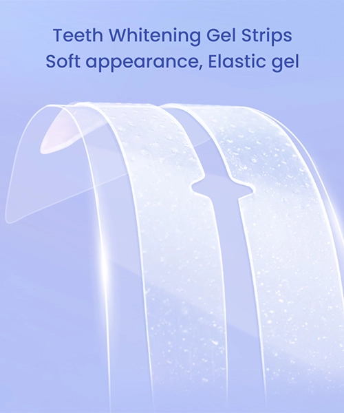 A close-up image of teeth whitening gel strips. The strips are made of a soft, elastic gel that conforms to the shape of your teeth.